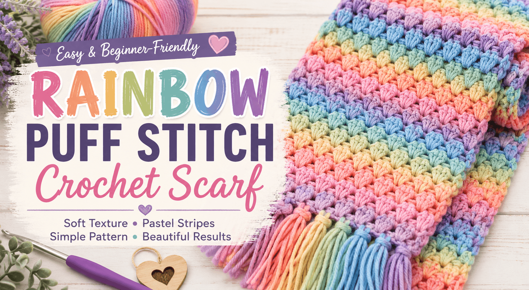 Detailed Shell Template Easy Rainbow Puff Stitch Crochet Scarf with Self-Striping Yarn ...